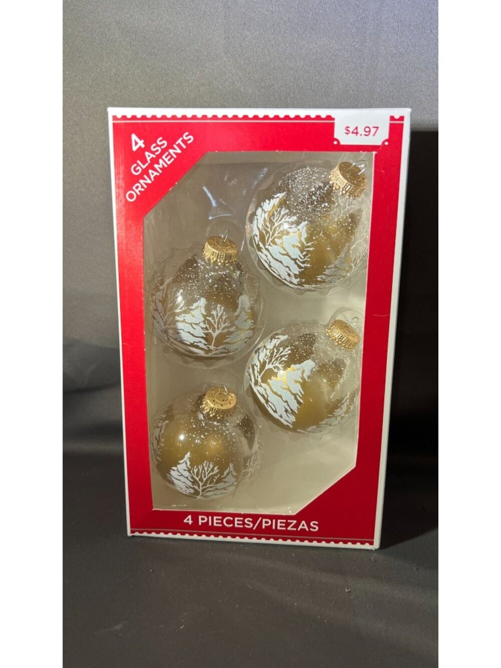 Holiday Time 4 Glass Christmas Ornaments Gold & White Design